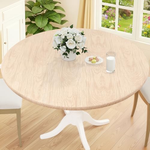 Smiry Round Picnic Tablecloth, Waterproof Elastic Fitted Table Covers for 31" - 35" Tables, Wipeable Flannel Backed Vinyl Tablecloths for Camping, Indoor, Outdoor, Beige - color: Beige, size: For Up To 31"-35" Round