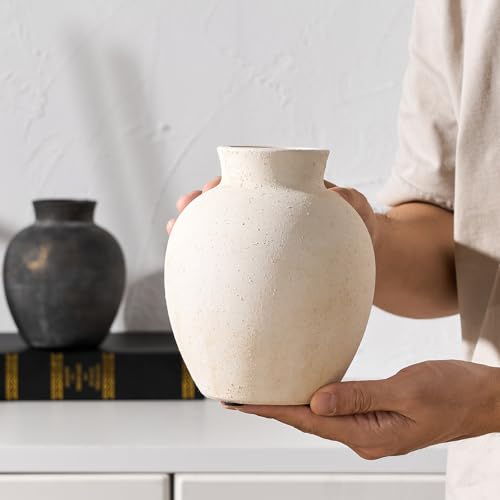 SIDUCAL Ceramic Decorative Flower Vase | 6 Inch Pottery Rustic Farmhouse Boho Vase for Home Decor, Table, Living Room, Bathroom, Shelf, Mantel Decoration, Wedding, White - color: White