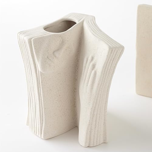Ceramic Vase Bookends - Unique Decorative Bookend Flower Vases - Set of Two at 6.5in (16.5cm) Height - Cream White Matte Finish Modern Design - Aesthetic Home Office Library Decor