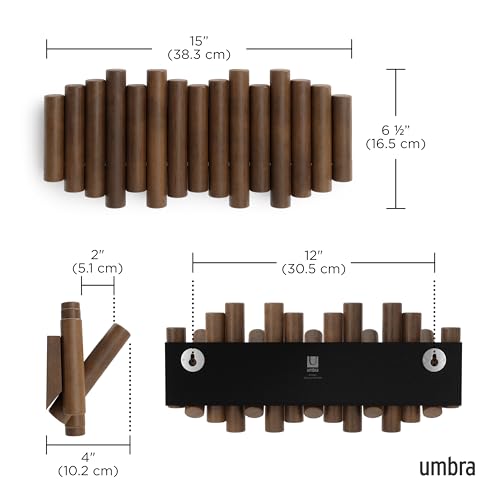 Umbra Picket Wall-Mounted Coat Rack Rail Hook with 5 Retractable Wood Pegs – Modern, Space-Saving Storage Organizer, Walnut - color: Walnut, size: 5-Hook