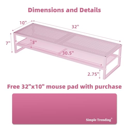 Simple Trending 2 Tier Metal Dual Monitor Stand Riser, Computer Office Desktop Organizer for 2 Monitors with 32"x10" Mouse Pad for Laptop, Printer, TV, Pink - color: Pink, size: 32"L x 10"W x 7"H