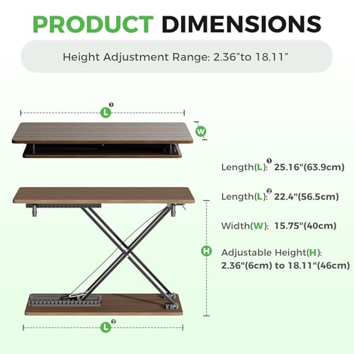 Standing Desk Converter Adjustable Height, 25.16" × 15.75" Height Adjustable Desktop Riser, No Assembly Required, Desktop Workstation for Laptop, Monitor and Office Use (Natural Wood) (Natural)