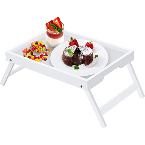 Artmeer Bed Tray Table with Folding Legs,Bamboo Breakfast in Bed for TV Table, Laptop Computer Tray,Eating,Snack Tray (White) - color: White, size: Medium