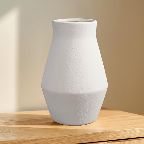 1pcs. White Vase for Home Decor Table, Living Room, Entryway Ceramic Geometric Wide-Mouth for Flowers Textured Matte Unglazed Pottery - White Height 11 in/Width 7.48 in/Opening 4.92 in - color: White, size: 11 inch