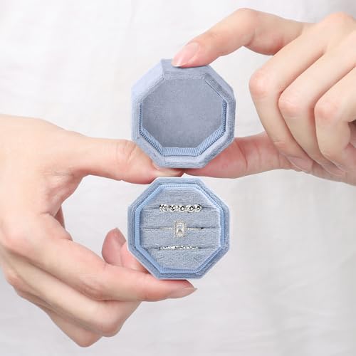 WantGor Velvet Ring Box, 3 Slots Jewelry Ring Gift Box Vintage Ring Display Holder Case for Wedding Ceremony Proposal Engagement (Blue) - color: Blue
