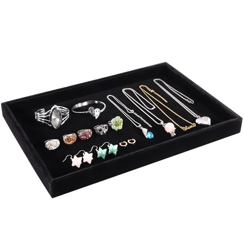 Mornajina 13.8" x 9.5" Velvet Jewelry Tray Jewelry Display Tray, Stackable Empty Plate Trays for Earrings Necklaces Bracelet Rings Display Showcase - Black - color: Black, size: Flat Tray 13.8"x9.5"