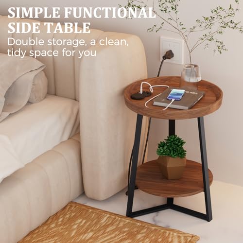 Gadroad Round End Table with Charging Station, USB Ports, Wood Tabletop & Black Metal Frame, 2-Tier Side Table for Living Room, Bedroom, Brown 15.7 * 15.7 * 23.0inches - color: Brown, style: with Charging Station