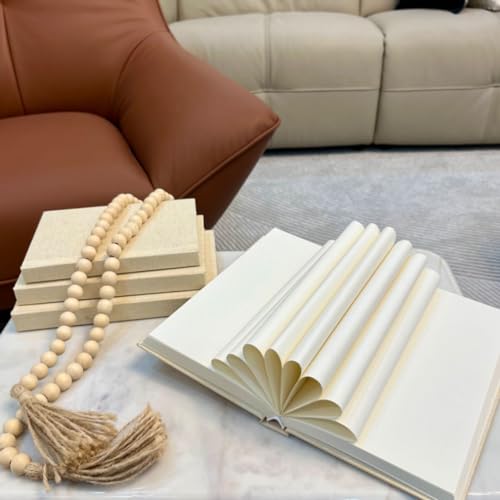 Linen Covered Decorative Books 4 Pieces, Neutral Home Decor Coffee Table Books with Wooden Beaded Tassel, Stacked Books for Rustic Farmhouse Modern, Boho, Bookshelf, Fireplace Mantel Décor, Beige - color: Beige