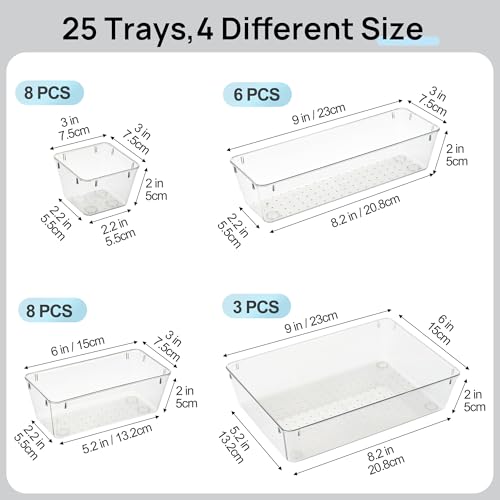 Vtopmart 25 PCS Office Desk Drawer Organizers Set, 4-Size Versatile Plastic Drawer Organizer Trays, Storage Bins for Desk Accessories Office Organizers and Storage, Bathroom, Makeup, Vanity - color: Clear Black