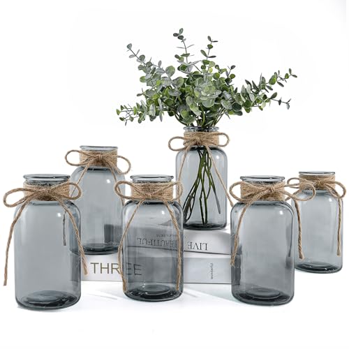 Vintage Glass Vases for Flowers, Set of 6 Grey Vases for Farmhouse Wedding Centerpiece Cylinder Bottle for Reception Table Decoration Home Decor Floral Arrangements - color: Gray, size: Large-6Pcs