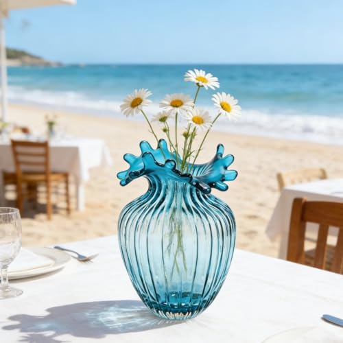 ZAVOOS Hand Blown Glass Vase, Modern Art Decorative Blue Vase for Flower Plants, Unique Bubble Waves Mouth Vase for Home Decor, Living Room Centerpieces, Table Bouquet, Wedding Decoration