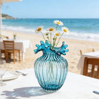 ZAVOOS Hand Blown Glass Vase, Modern Art Decorative Blue Vase for Flower Plants, Unique Bubble Waves Mouth Vase for Home Decor, Living Room Centerpieces, Table Bouquet, Wedding Decoration