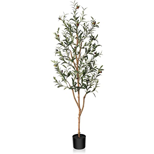 Kazeila Artificial Olive Tree 5FT Tall Faux Silk Plant for Home Office Decor Indoor Fake Potted Tree with Natural Wood Trunk and Lifelike Fruits - size: 5ft