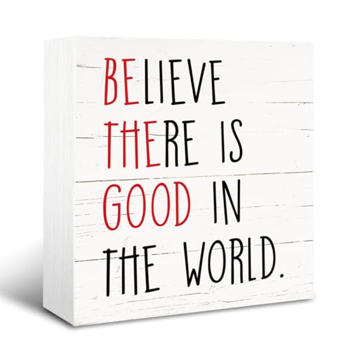 Positive Wood Signs, Inspirational Wooden Table Signs, Farmhouse Shelf Decoration, Rustic Home Decor for Living Room Bedroom, Cafe Bar Decor, Believe There is Good in the World Sign, White - color: Inspirational20