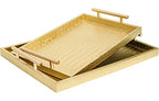 Set of 2 Modern Elegant Large Wood Serving Tray, Rectangle Decorative Tray Ottoman Tay Coffee Table Tray, Gold Crocodile Leather with Gold Polished Metal Handles - style: Golden Crocodile Tray