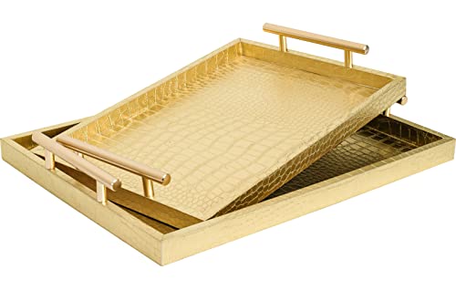 Set of 2 Modern Elegant Large Wood Serving Tray, Rectangle Decorative Tray Ottoman Tay Coffee Table Tray, Gold Crocodile Leather with Gold Polished Metal Handles - style: Golden Crocodile Tray