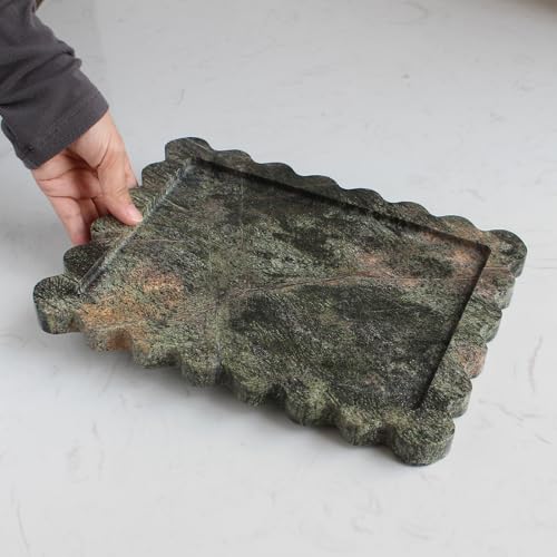 Natural Luxury Scalloped Marble Tray 10.8"x8", Rectangle Vanity Tray for Bathroom Kitchen Counter, Decorative Tray for Dresser Home Decor - Rainforest Green - color: Rainforest Green
