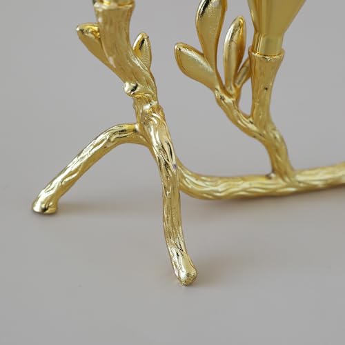 Elegant Gold Metal Tree Branch and Leaf-Inspired Dual Candle Holder Taper for Home Decor Tables top Tealight Wedding Centerpiece 5.12"x4.57" (Golden)