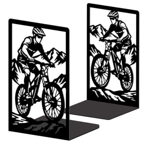 Peacoblue Metal Bookends for Shelves, Modern Decorative Heavy Duty Study Book Ends Stoppers for Office Desk Shelf, Room 5.3"x4.3"x7.9" Cast Iron Tall Bookends 1 Pair (Mountain Off-Road Cyclist) - style: Mountain Off-Road Cyclist