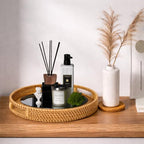 Round Rattan Serving Tray Set (2 Nesting Sizes) with Handles, 4 Coasters Included, Handwoven Boho Wicker Organizer for Coffee Table or Ottoman, 14.2 x 2.3 in and 11.9 x 1.7 in