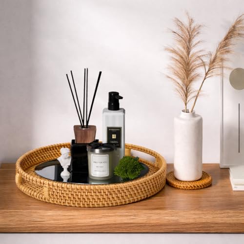 Round Rattan Serving Tray Set (2 Nesting Sizes) with Handles, 4 Coasters Included, Handwoven Boho Wicker Organizer for Coffee Table or Ottoman, 14.2 x 2.3 in and 11.9 x 1.7 in