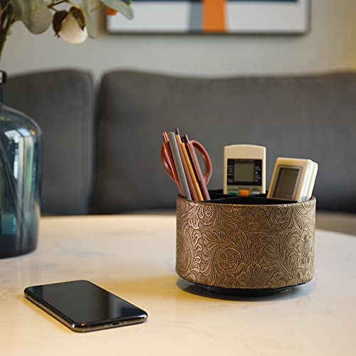 lizimandu Round Leather Art Supply Organizer,Remote Control Holder,360 Degree Spinning,Multi-Functional Pencil Holder,4 Compartments Desktop Stationary Organizer(1-Gold) - color: 1-Gold