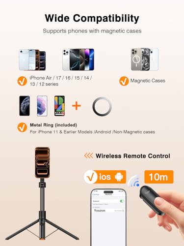 for Mag Safe Tripod for iPhone, 360° Rotating Head for Front & Rear Shooting, 65” Selfie Stick for iPhone Android with Remote & Metal Ring, Magnetic Phone Tripod Stand for Video Recording Travel