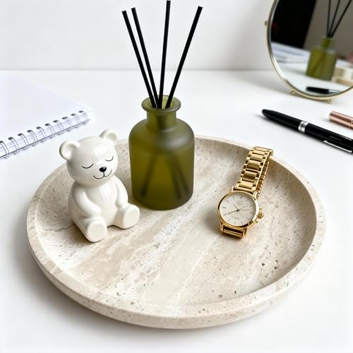 Vanity Tray for Bathroom, Dresser, Counter, Home Decor 10.24” D x 1.18”H Travertine Round Decorative Tray for Candles, Perfumes, Jewelry, Plants Natural Stone Organiser Dish Beige (NS053) - color: Beige Travertine