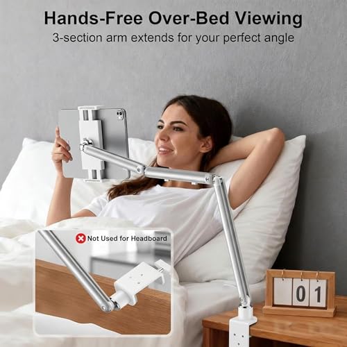 iPad Holder for Desk, Adjustable Tablet Arm iPad Desk Mount with C-Clamp, 30" Foldable Long Arm & 360° Rotation, Fits 4.7"–15.6" iPad Pro/Air/Mini, Phones & 15.6" Portable Monitors for Desk Use, White - color: White