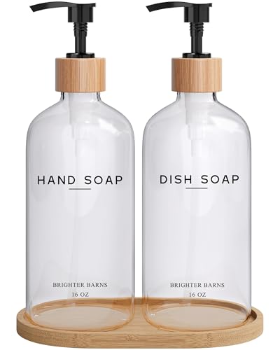 Clear Glass Hand and Dish Soap Dispenser Set by Brighter Barns - Kitchen Soap Dispenser Set with Bamboo Tray - Modern Kitchen Decor, Minimalist Decor (Clear) - color: Clear Hd