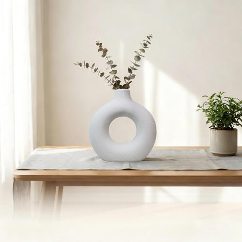 White Donut Hollow Ceramic Vase, Modern Minimalist Vase for Home Decor, Small Boho Vase for Dining Table, Desk, Farmhouse，Living Room, Handmade for Fresh/Dried Flowers - color: White D