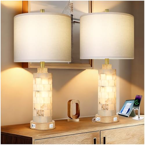 KIVDITZO 27" Alabaster and Wood Table Lamp Set of 2 with Night Light Nightstand Lamps with USB Ports White Linen Fabric Shade Bedside Lamp Decor for Living Room Bedroom Home Office Hotel Bar House - color: Natural Wood