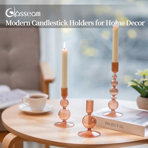 Glasseam Candle Sticks Holder Decor: Amber Glass Candle Holders Set of 3 Modern CandleHolders for Taper Candlesticks Unique Fall Candle Holders for Halloween Centerpiece Table Decor Thanksgiving - color: Brown
