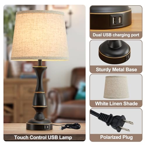 Luvkczc Touch Table Lamps Set of 2, 22" Tall Bedside Lamps with Dual USB A Ports, Dimmable Nightstand Lamps for Bedroom, Living Room, Office, Black Lamps with Beige Lampshade, Bulb Included - color: Black base+Beige lampshade, size: 22in