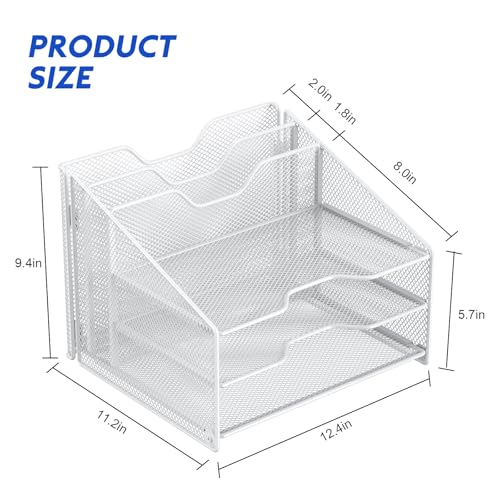 Samstar White Desk File Organizer, Mesh Letter File Folder Holder with 3 Paper Trays and 2 Vertical Upright Section, for Office Supplies, Desk Accessories & Workspace, White - color: 1 Pack White