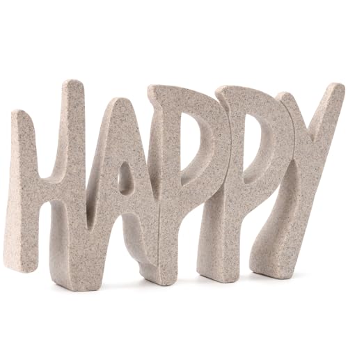 Happy Sign Decor Statue for Shelf Living Room Bookshelf CoffeTable and Office Display, Modern Home Decor Aesthetic Sculpture, Unique Gift for Mom Grandmom Womens Mens or Friends (Sandstone)