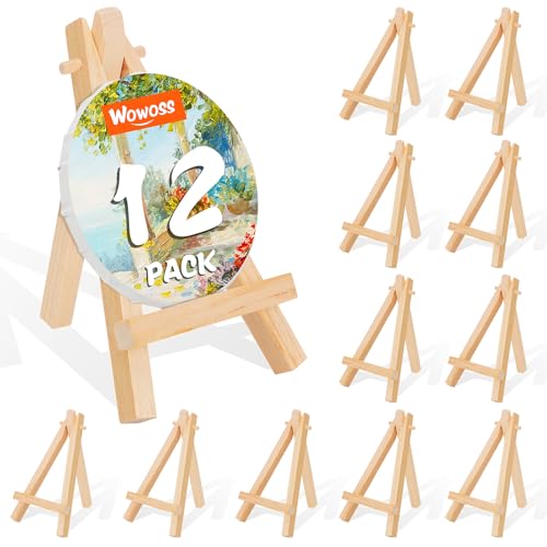 WOWOSS 12 Pack 5" Mini Wood Display Easel, Natural Wooden Tripod Holder Stand for Displaying Small Canvases, Business Cards, Photos
