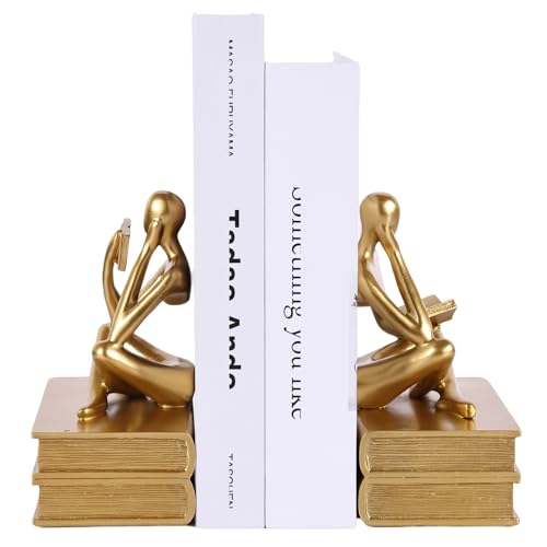 Reading Figurine Book Ends Book Lovers Gifts for Bookshelf Decorations for Readers, Graduates, Students, Teachers, Sculpture Home Decor for Shelves Desk Office Living Room (Gold) - color: Gold