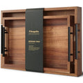 Fibogollo Acacia Wood Set of 2 Serving Tray with Metal Handles,Ottoman Decorative Trays Platter for Coffee Table,Living Room,Bar,Party - size: 15 x 10 in and 17 x 12 in - Set of 2