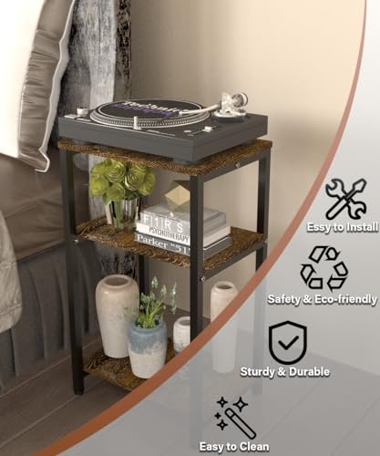 3 Tier Side Table, Heavy Duty End Table with Shelves, Narrow Nightstand for Small Spaces, Record Player Table for Bedroom, Living Room, Sofa Couch - Rustic Brown & Black - color: Black, size: 3-Tier