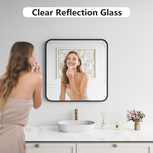 Koonmi Bathroom Mirror, 30X30 Inch Black Metal Framed Mirror for Bathroom, Tempered Glass, Anti-Rust, Rounded Rectangle Mirror for Restroom, Bedroom, Black - color: Rounded Edged, size: 30"L x 30"W