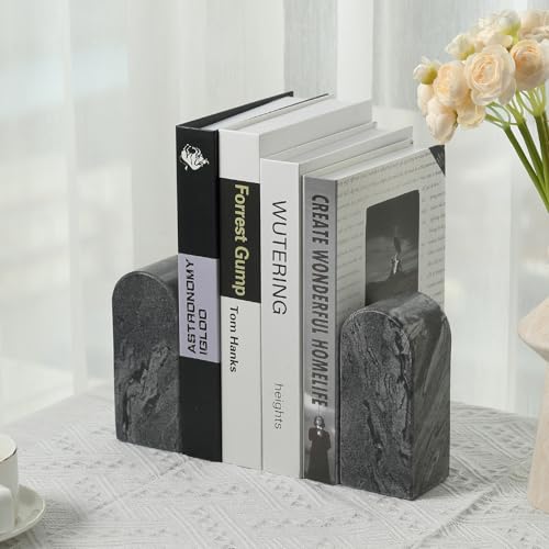 Koville African Natural Marble Bookends for Shelves, 7lbs Heavy-Duty Marble Book Holders, Decorative Book Ends, Bookshelf Apartment Decor for Normal Books/CD/Video Games - color: Monte Grigio, size: 7lb