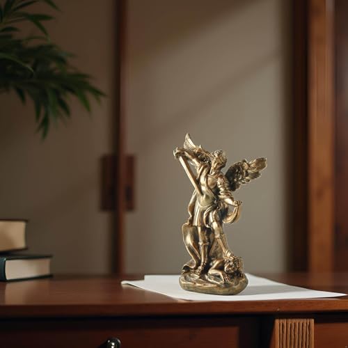 St. Michael The Archangel Statue – Bronze Resin Religious Figurine Depicting Saint Michael Defeating Evil – Christian Catholic Angel Sculpture for Home, Office, and Prayer Decor - size: 3.54 × 1.65 × 5.32 inches