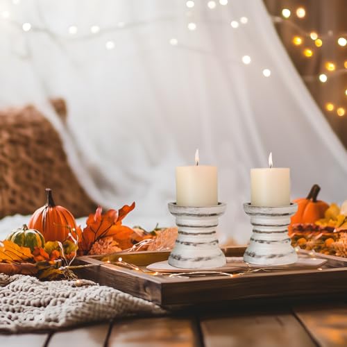 Candle Holder for Pillar Candle Set of 2, Farmhouse Wood Candle Holder, Rustic Wooden Candle Stand, Vintage Small Wooden Candlestick Holders for Living Room, Table Centerpiece, Rustic White - color: Rusticwhite, size: Set of 2