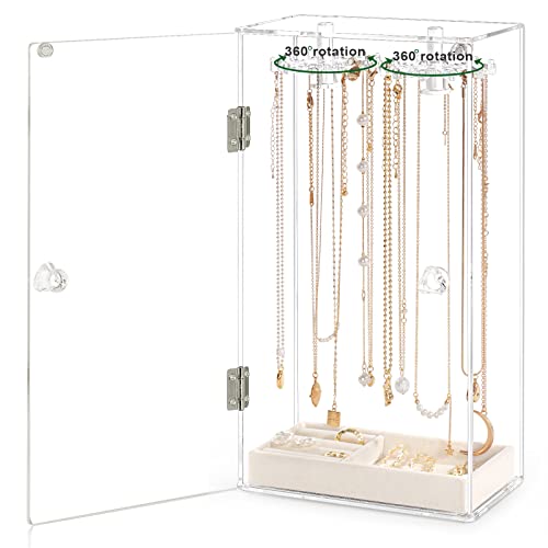 Necklace Holder, Acrylic Jewelry Organizer with 24 Hooks, Rotation Clear Necklaces Pendant Display Case Stand, Dust-proof Velvet Tray Hanging Rack Storage for Earrings Rings