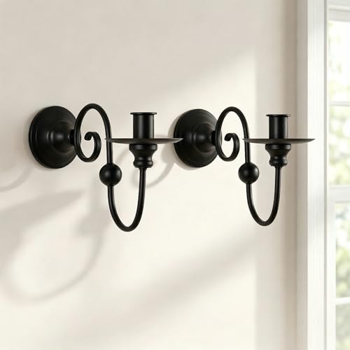 Set of 2 Black Wall Sconces Candle Holder - Modern Farmhouse Iron Scroll Wall Decor for Living Room, Dining Room & Bathroom - Vintage Metal Wall Art Sconce for Pillar Candles (8.6" x 5.9" x 3.5")