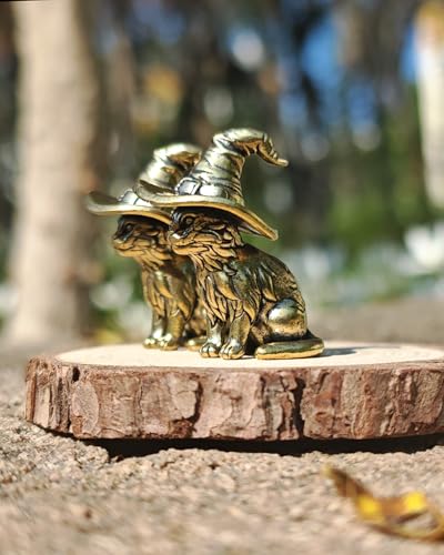 2PCS Witch Cat Figurines - Handcrafted Mini Brass Cat Statue with Wizard Hat, Vintage Witch Decor & Brass Home Decor for Shelf, Desk, Unique Gothic Gift