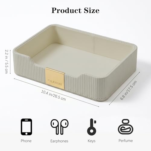 Valet Tray Nightstand Storage Organizer - PU Leather Desktop Storage Organizer Fits Cosmetics Perfume Skincare Lipsticks for Dresser Vanity, Catchall Tray for Watch Wallet Phone Keys|Beige - color: Beige