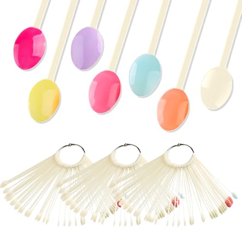 150 Pcs Nail Swatch Sticks with Ring, Natural Beige Spoon Shaped Nail Art Polish Color Display Practice Tips, Acrylic False Nail Sample Sticks Practice Tools for Home or Salon Use - color: Beige Spoon Shaped