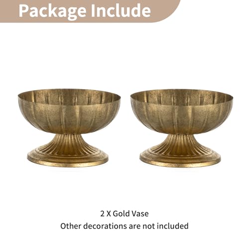 NUPTIO Gold Compote Vase for Centerpiece: 8.5" Wide Short Pedestal Footed Bowl for Flowers - Distressed Brass Urn for Decorative Wedding Table Set of 2 - size: 5.4“H - 2pcs